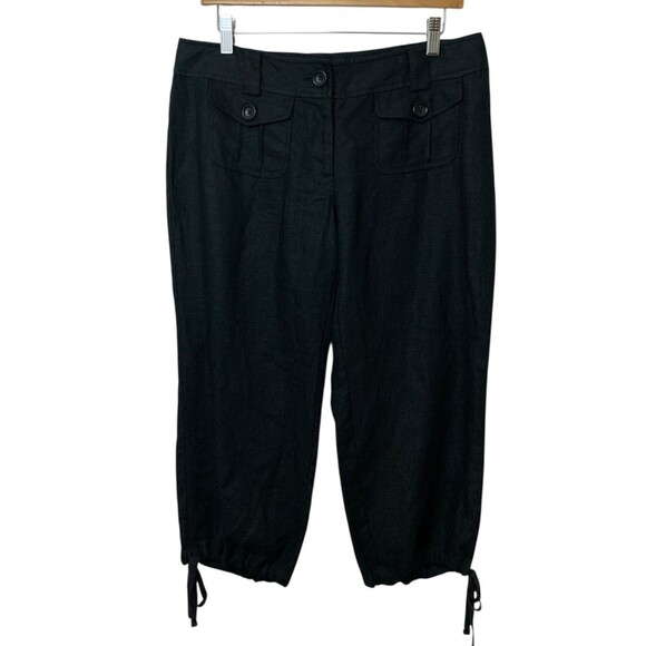 Michael Kors Women's Black Linen Cargo Capri Pants Size 8 Drawstring Hem Beach - Picture 1 of 8
